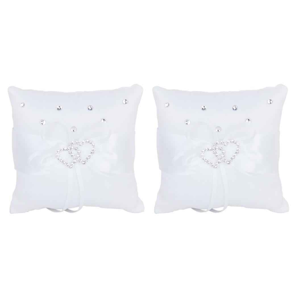White Double Heart Crystal Rhinestone Wedding Pocket Ring Pillow Cushion