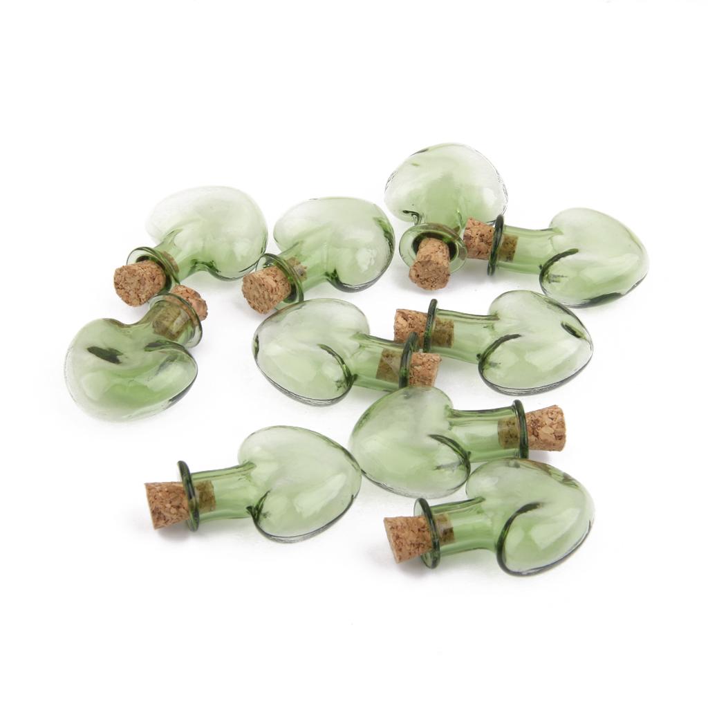 10Pcs Mini Glass Bottle Heart Jars Vials Wishing Message Cork Bottles Green