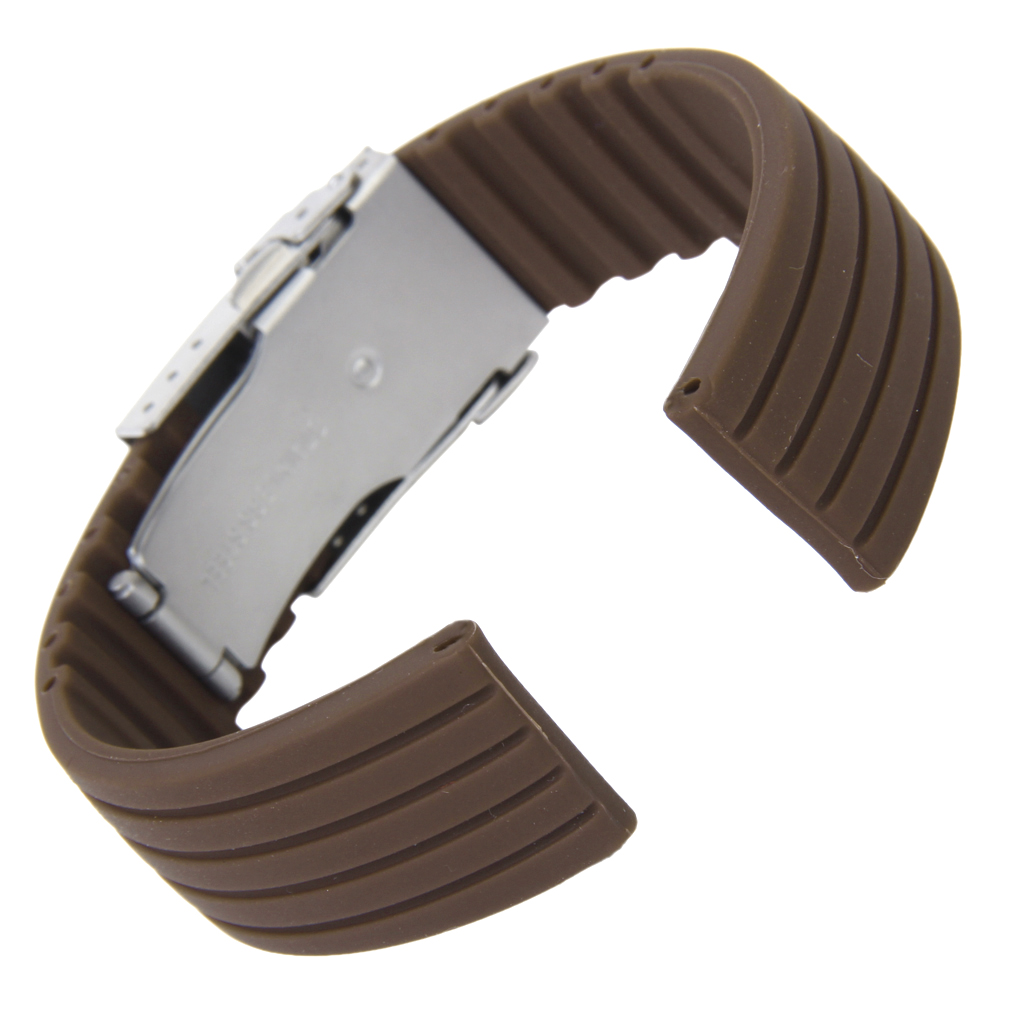 Coffee Silicone Rubber Watch Strap Band Deployment Buckle Waterproof 20mm