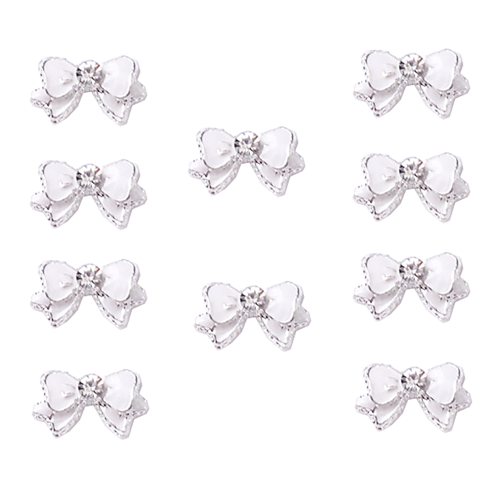 10Pcs White Cute Ribbon Bowknot Bling Rhinestone Nail Art Accessories Cellphone Decoration