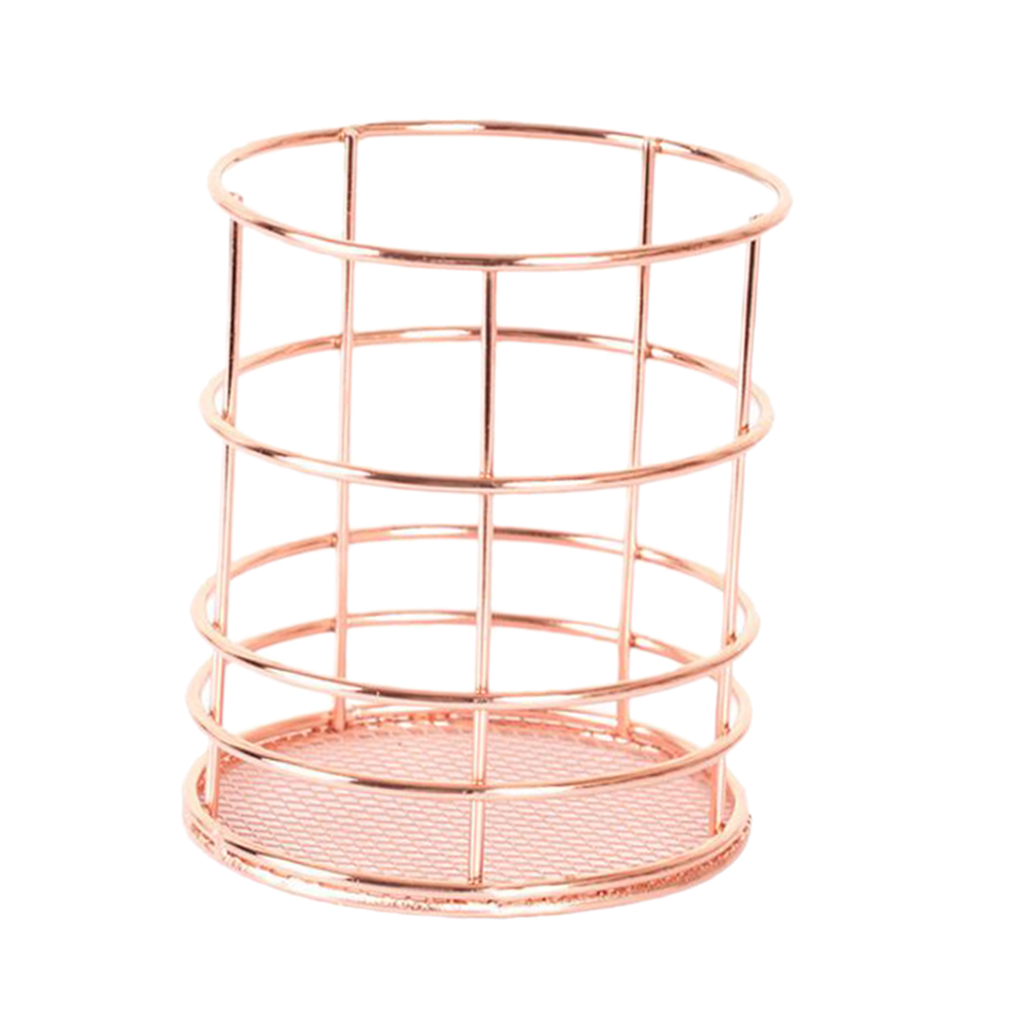 Rose Gold Metal Table Top Storage Basket Pen Holder Organizer Circular 