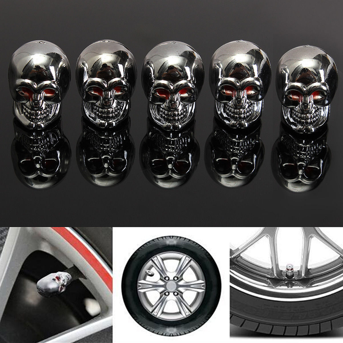 5x Red Eyes Evil Skull Tyre Tire Air Valve Stem Dust Caps Car Bike Truck