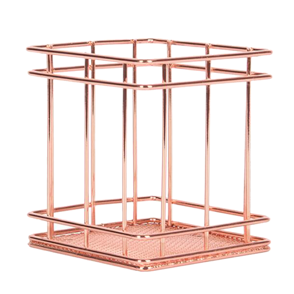 Rose Gold Metal Table Top Storage Basket Pen Holder Organizer Square