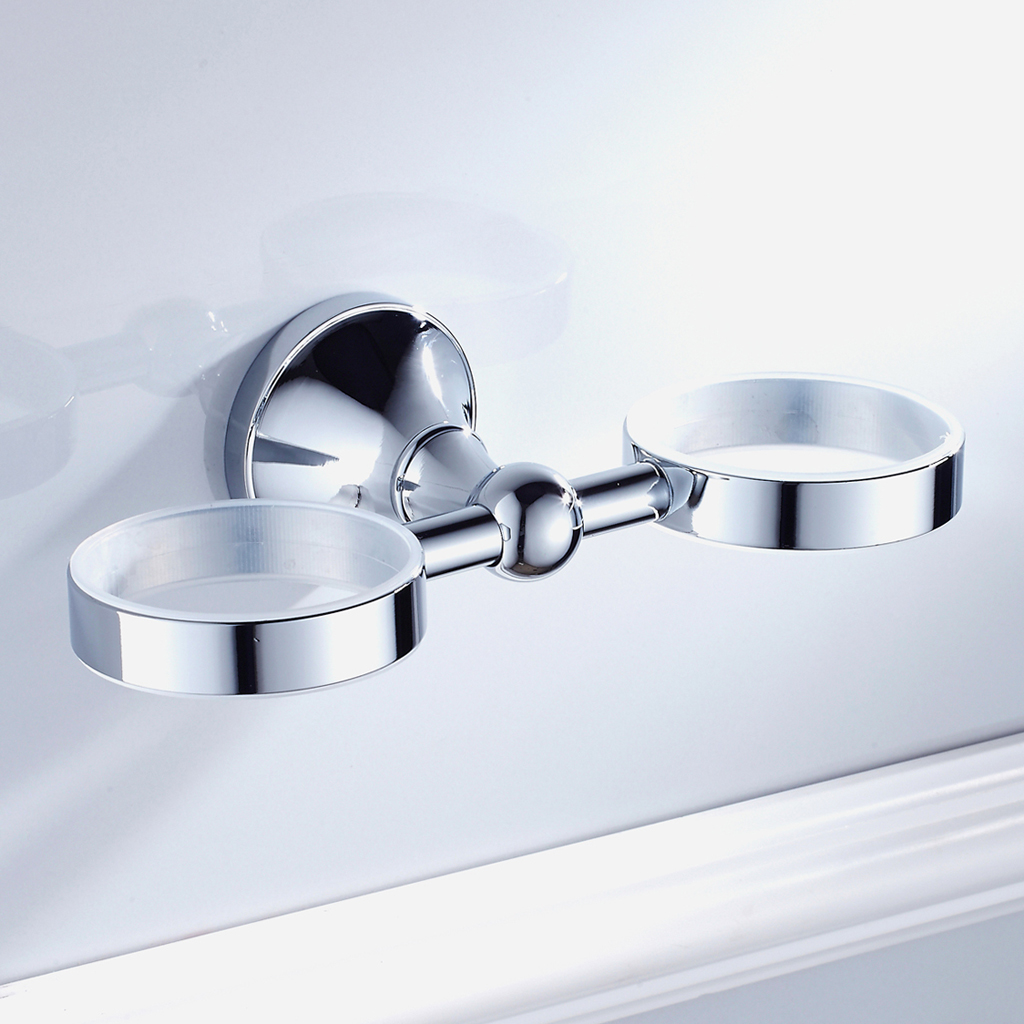 Bathroom Wall Mount Round Double Tumbler Cup Holder with Cups Set  Chrome