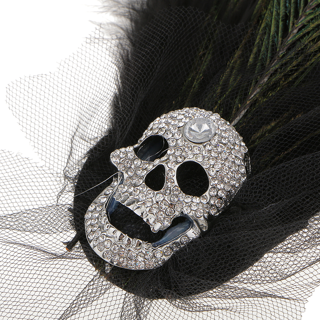 Peacock Feather Rhinestone Skull Brooch Silver-tone