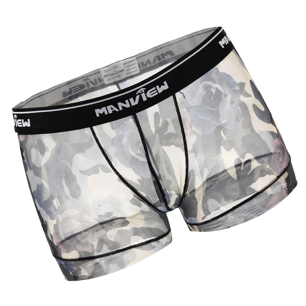 Mens Sexy Mesh See Through Rose Flower Boxer Briefs Underwear Grey XL