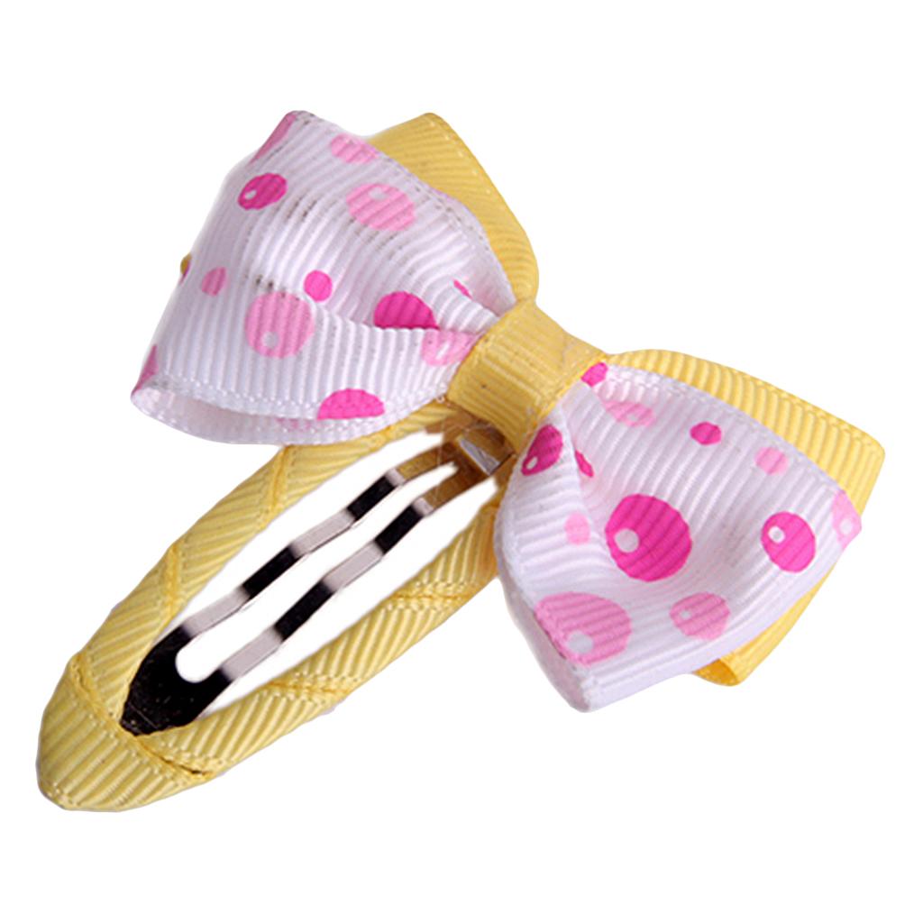 Baby Toddler Girl Hair Bow Flower w/ Snap Clip - Yellow White And Pink Dots