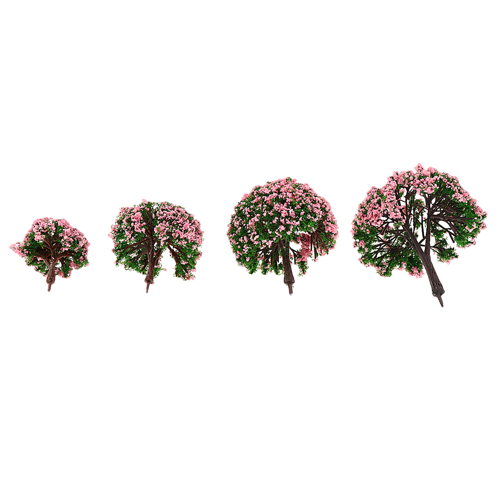 4pcs 1.6 Inch - 3.94 Inch Scenery Landscape Model Trees w/ Pink Flowers
