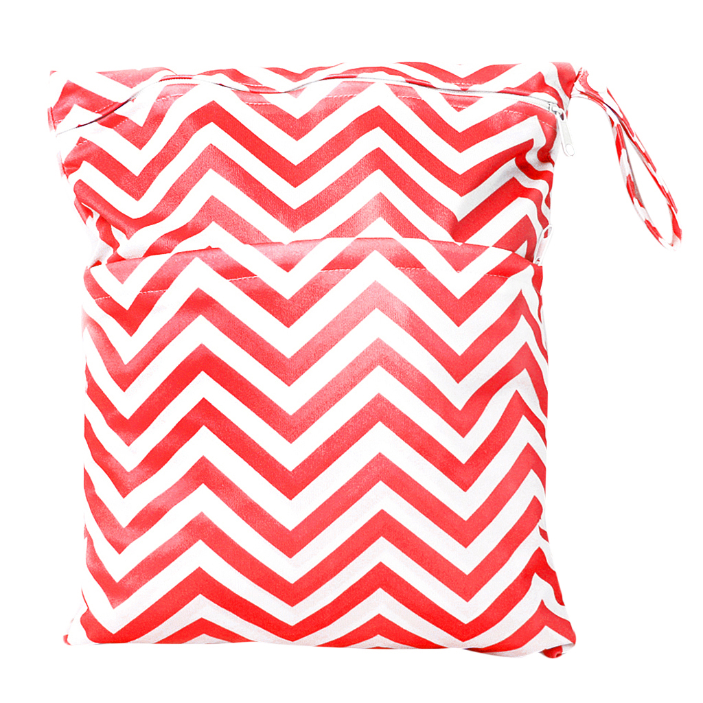 Baby Waterproof Zipper Reusable Cloth Diaper Bag Snap Tote Red and White Ripple Pattern