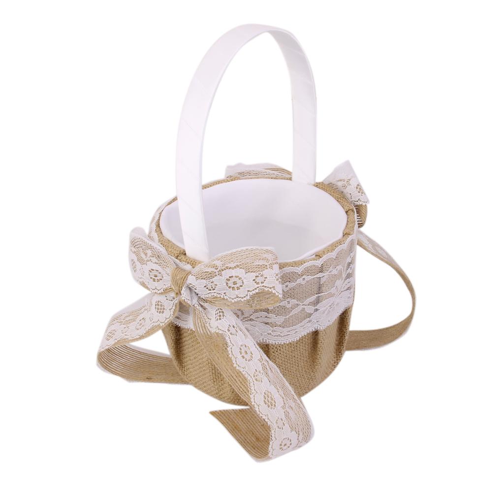 Hessian Burlap Wedding Flower Girl Basket Lace Bowknot Decor 