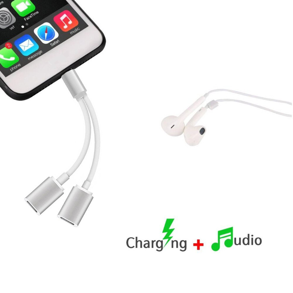 2 in 1 Headphones Jack Charger & Audio Splitter Adapter for iPhone Silver