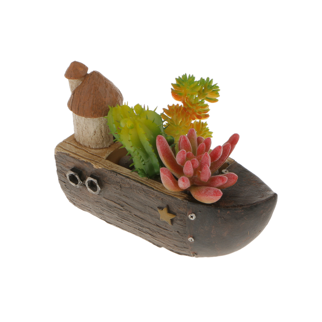 Resin Wood Boat Container Pot Planter Plant Succulent Herb Flower Pot-Brown