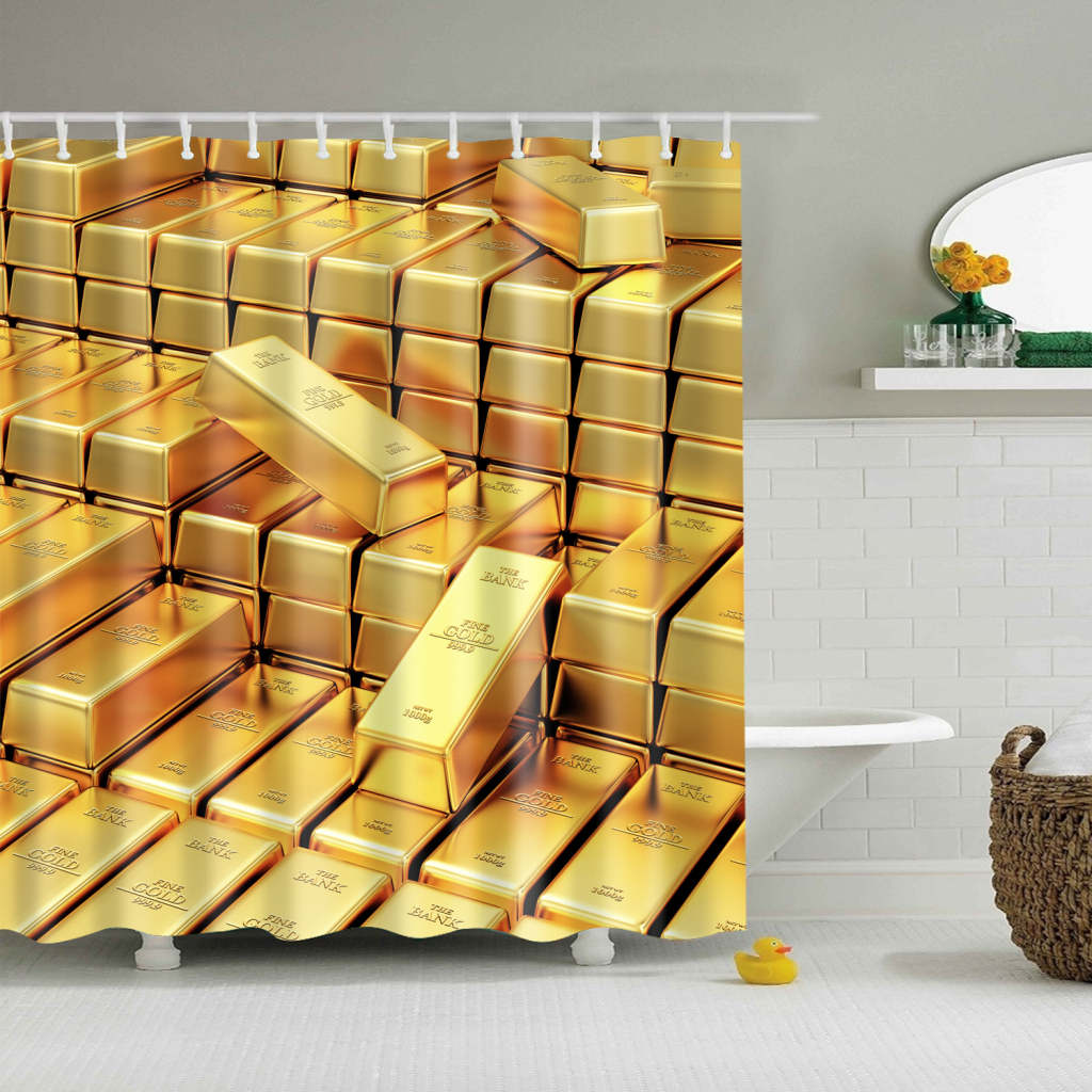 Digital Printed Shower Curtain Set with Hooks Bathroom Use Gold 