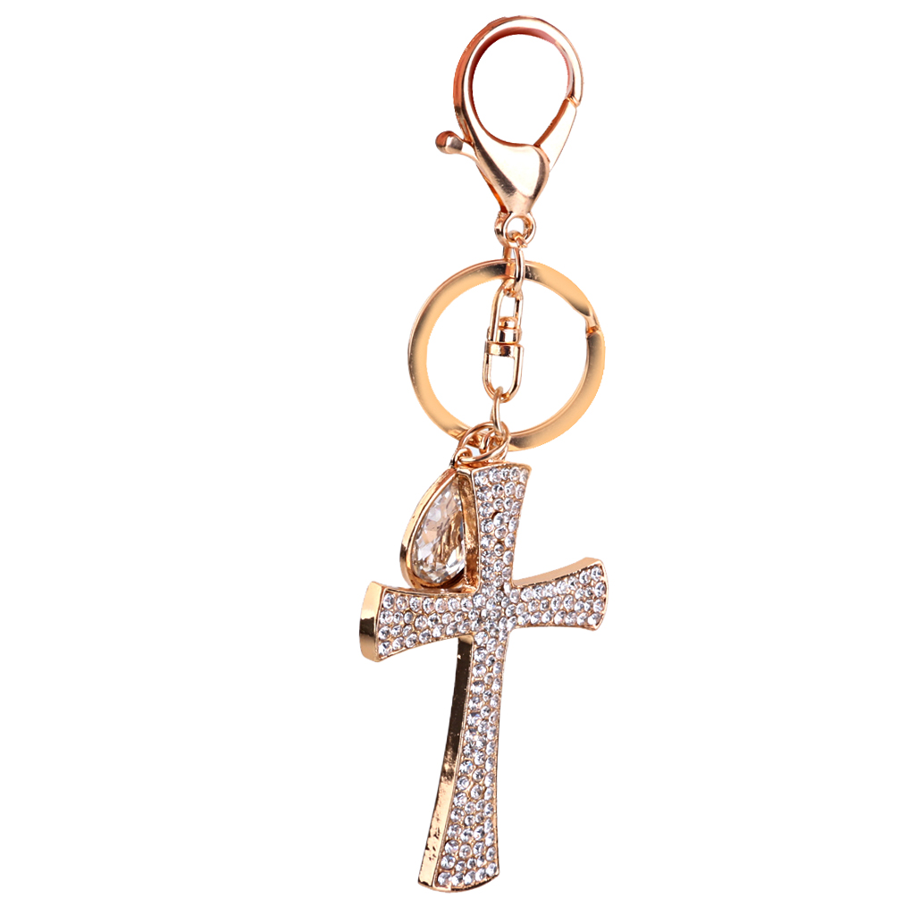 Crystal Teardrop & Cross Charm Pendant Key Ring Chain Keychain