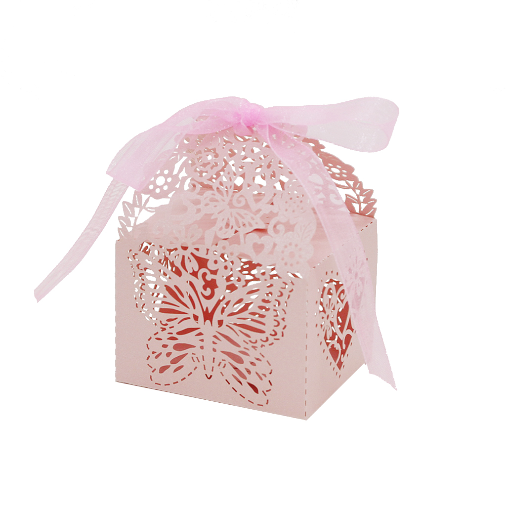 50Pcs Butterfly Favor Ribbon Gift Candy Boxes Wedding Party Decor Pink