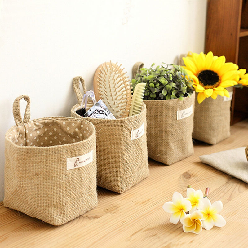 Cotton Linen Bag Sack Container Multipurpose Storage Basket Pot Yellow Dots