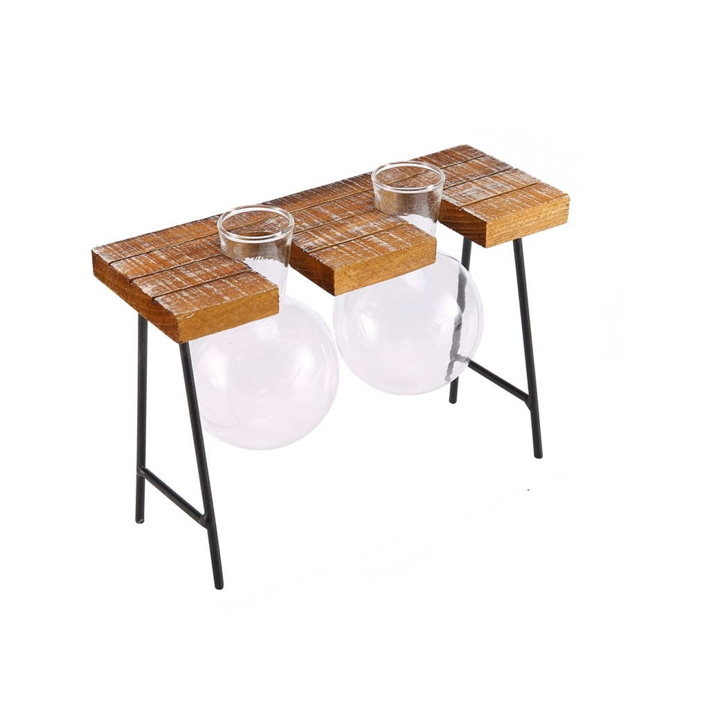 Desktop Decorative Glass Hydroponic Vase Flower Plant Pot with Wooden Tray