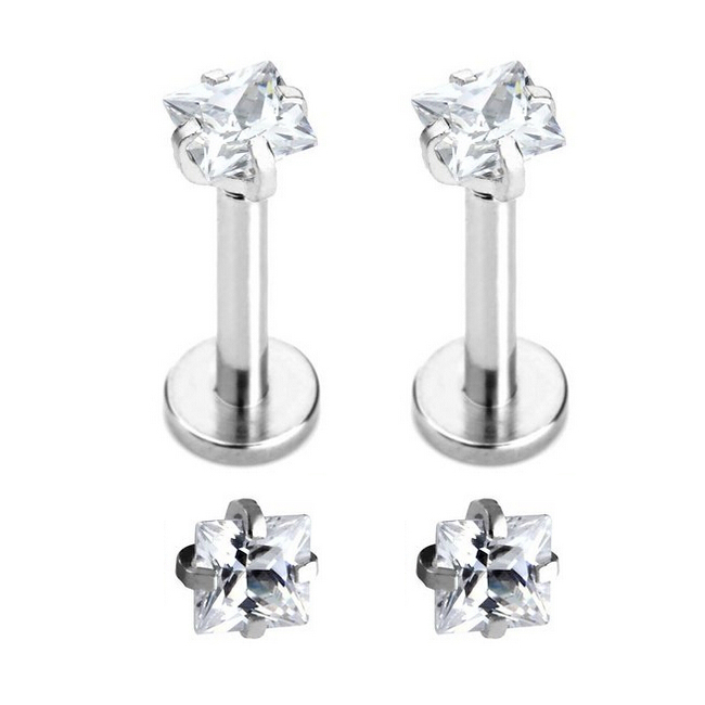 2 Stainless Steel Square Zircon Cartilage Helix Tragus Lip Earring Stud 8mm