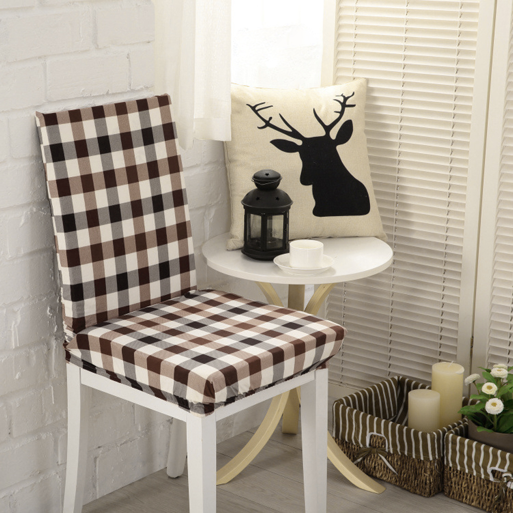 Stretch Short Removable Dining Room Stool Chair Cover Slipcover Coffee Plaid