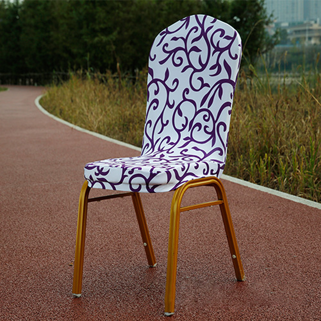 White Purple Floral Elastic Semicircle Chair Cover Spandex Banquet Party 