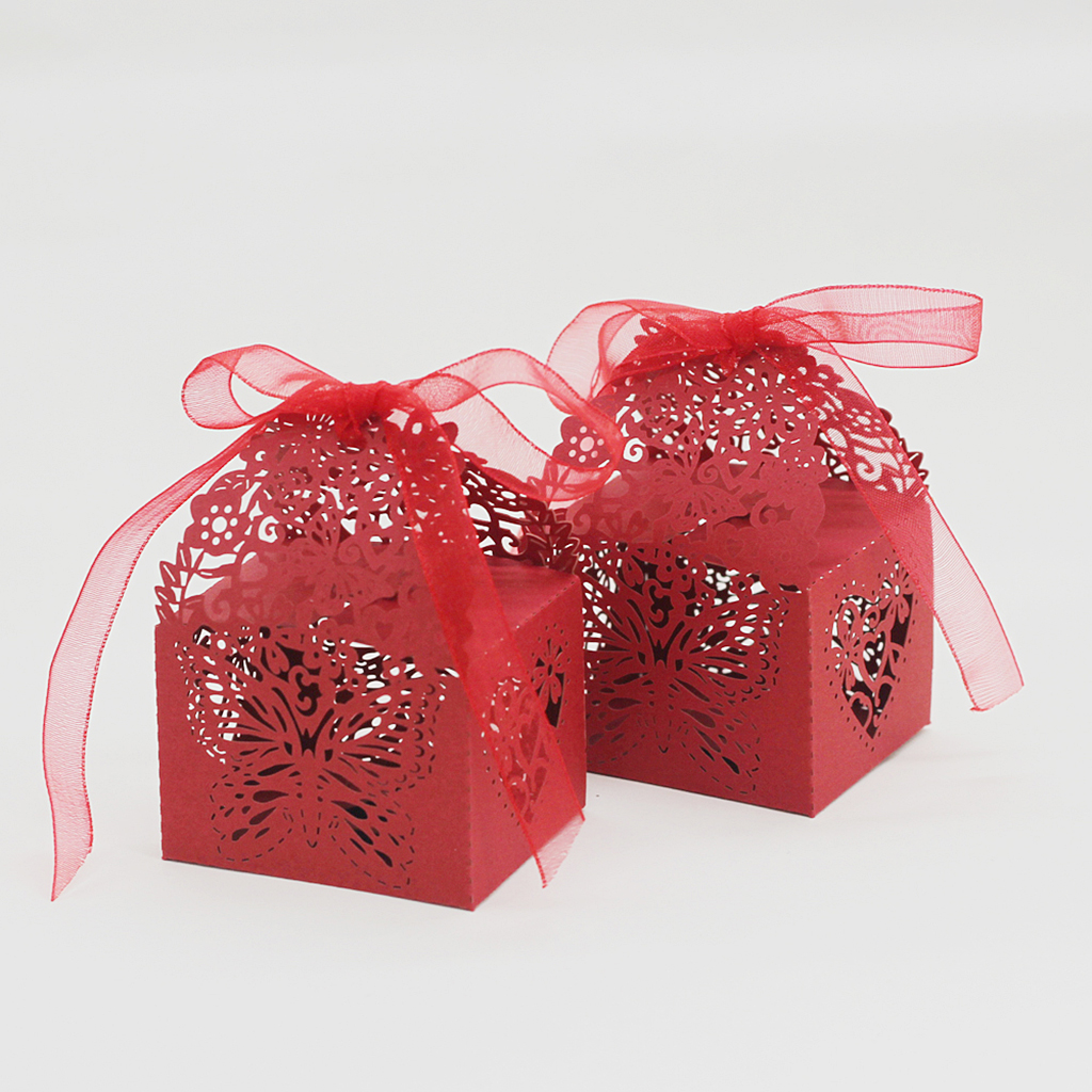 50Pcs Butterfly Favor Ribbon Gift Candy Boxes Wedding Party Decor Red