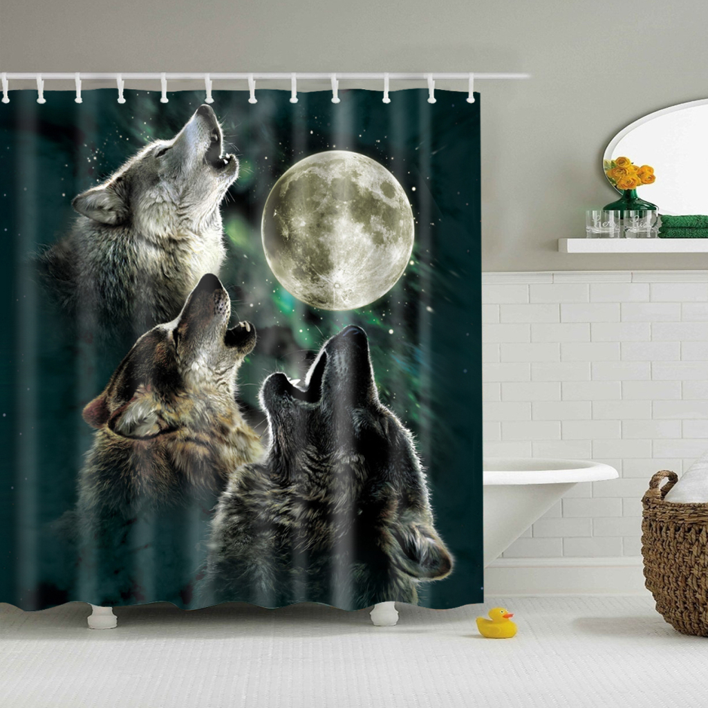 Digital Printed Shower Curtain Set with Hooks Bathroom Use Wolf