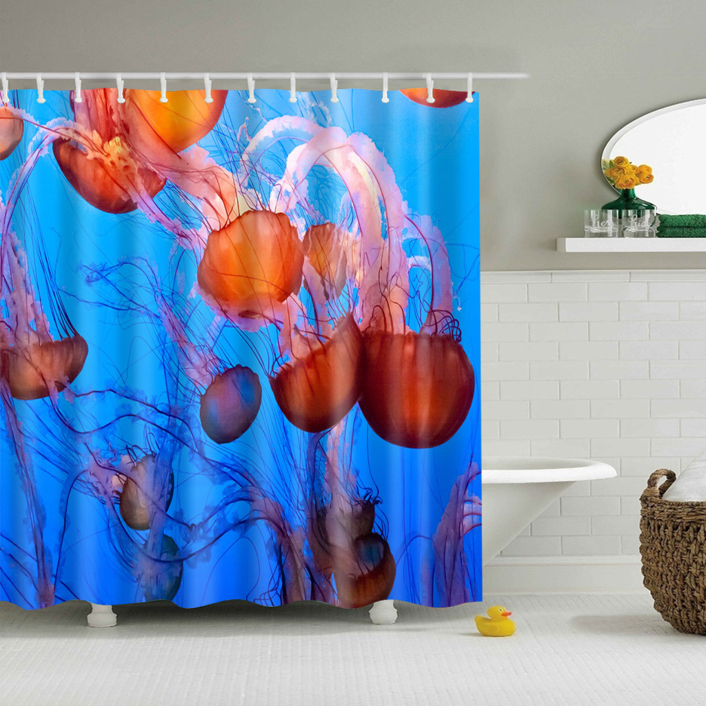 Extra Long Bath Shower Curtain With 12 Hooks Set Hanging Drapes Jellyfish