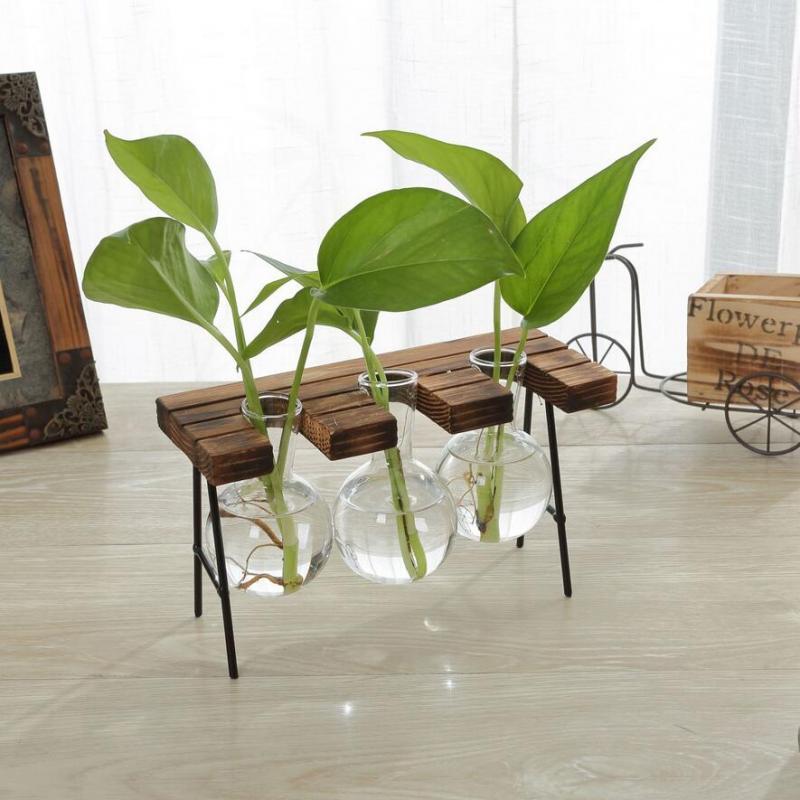 Desktop Decorative Glass Hydroponic Vase Flower Plant Pot with Wooden Tray
