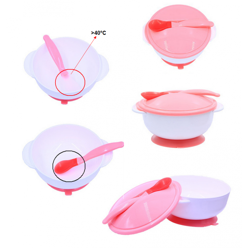 Baby Kids Tableware Suction Bowl Spoon Temperature Sensing Spoon Set Cover