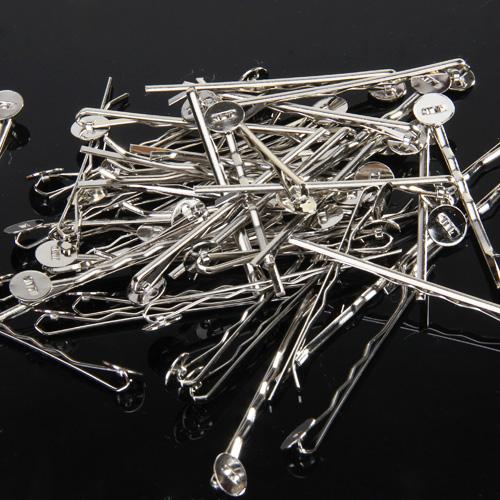 50pcs DIY Pins Hair Clips w/ 8mm Pad Silver Tone