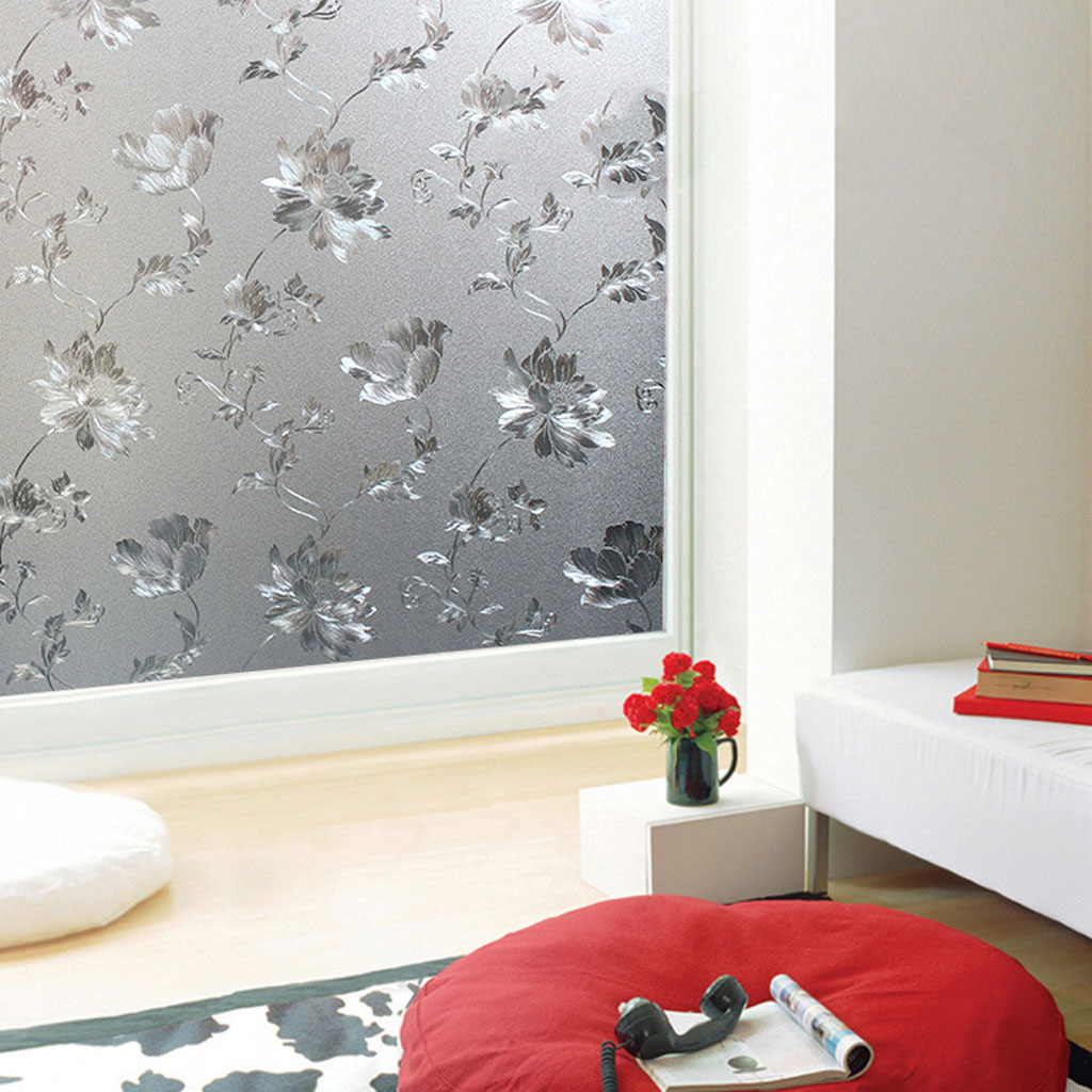 Reusable 45x100cm Frosted Frost Frosting Glass Window Film Sticker Hibiscus 