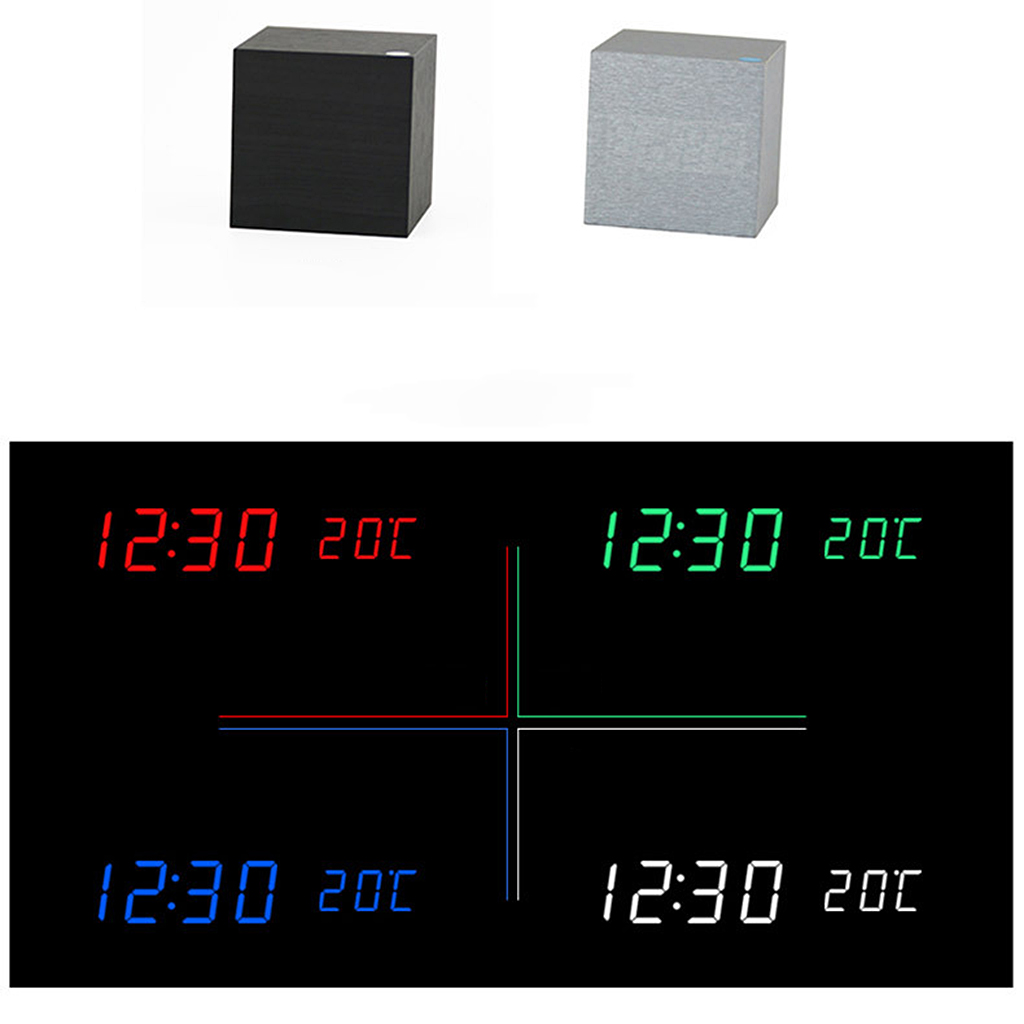 Square Wood Blue LED Alarm Digital Clock Voice Control Thermometer Natural 