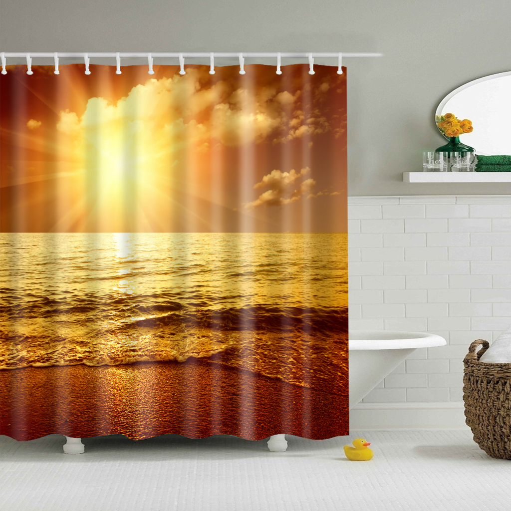 Digital Printed Shower Curtain Set with Hooks Bathroom Use Sunrise 