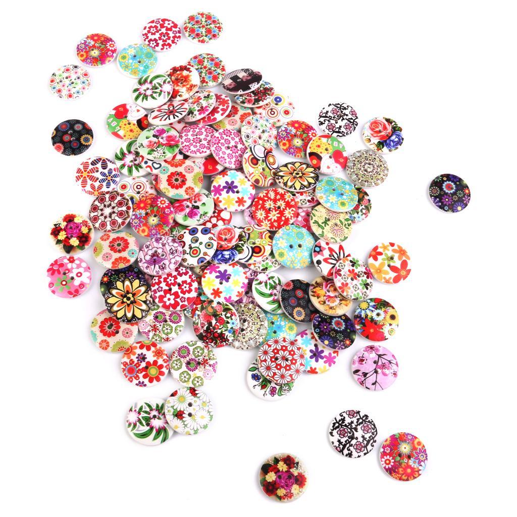 25mm Mixed Color Drawing Printing Flower Buttons for Sewing DIY Craft 100pcs