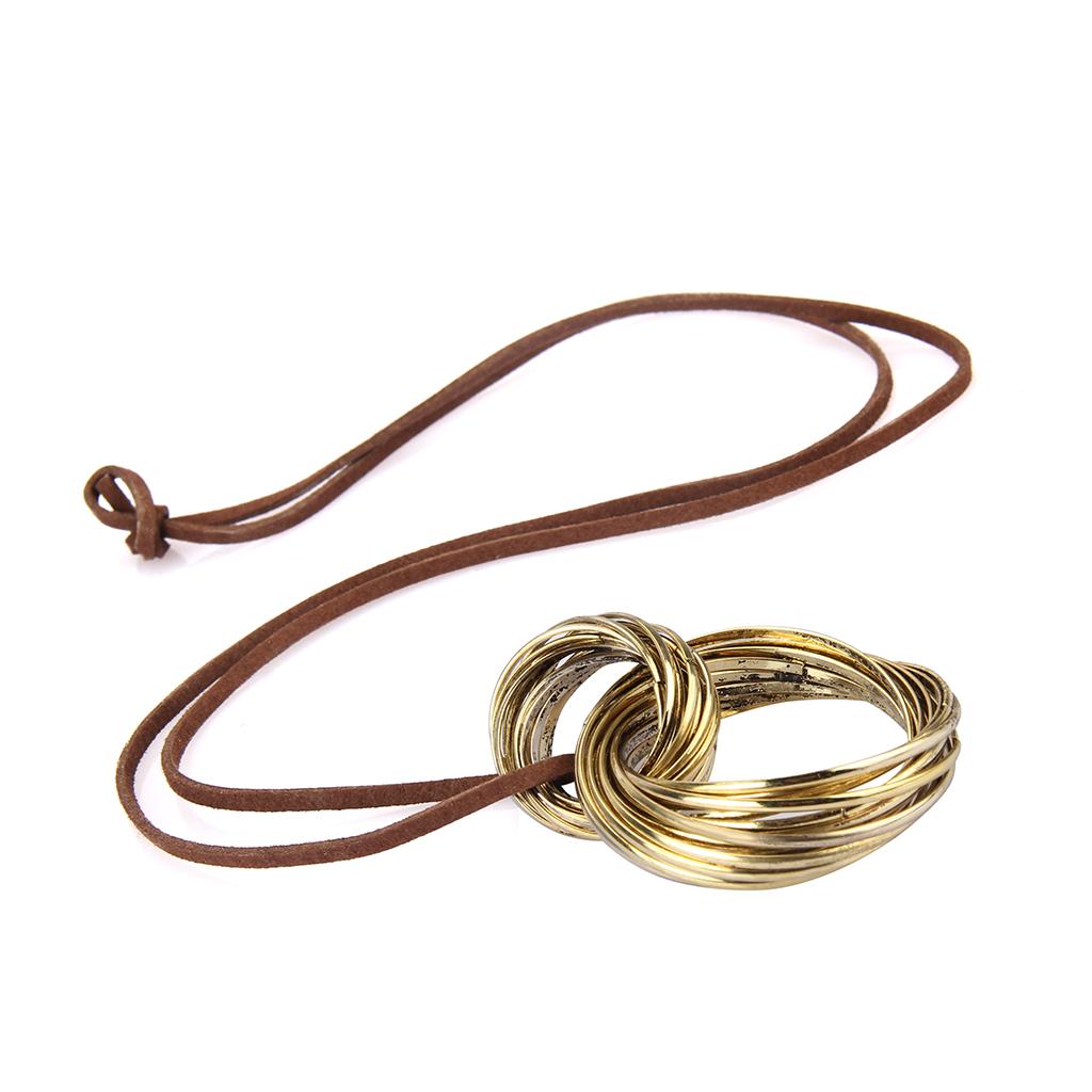 Fashion Long Brown Leather Rope Chain Women Double Circle Pendant Necklace