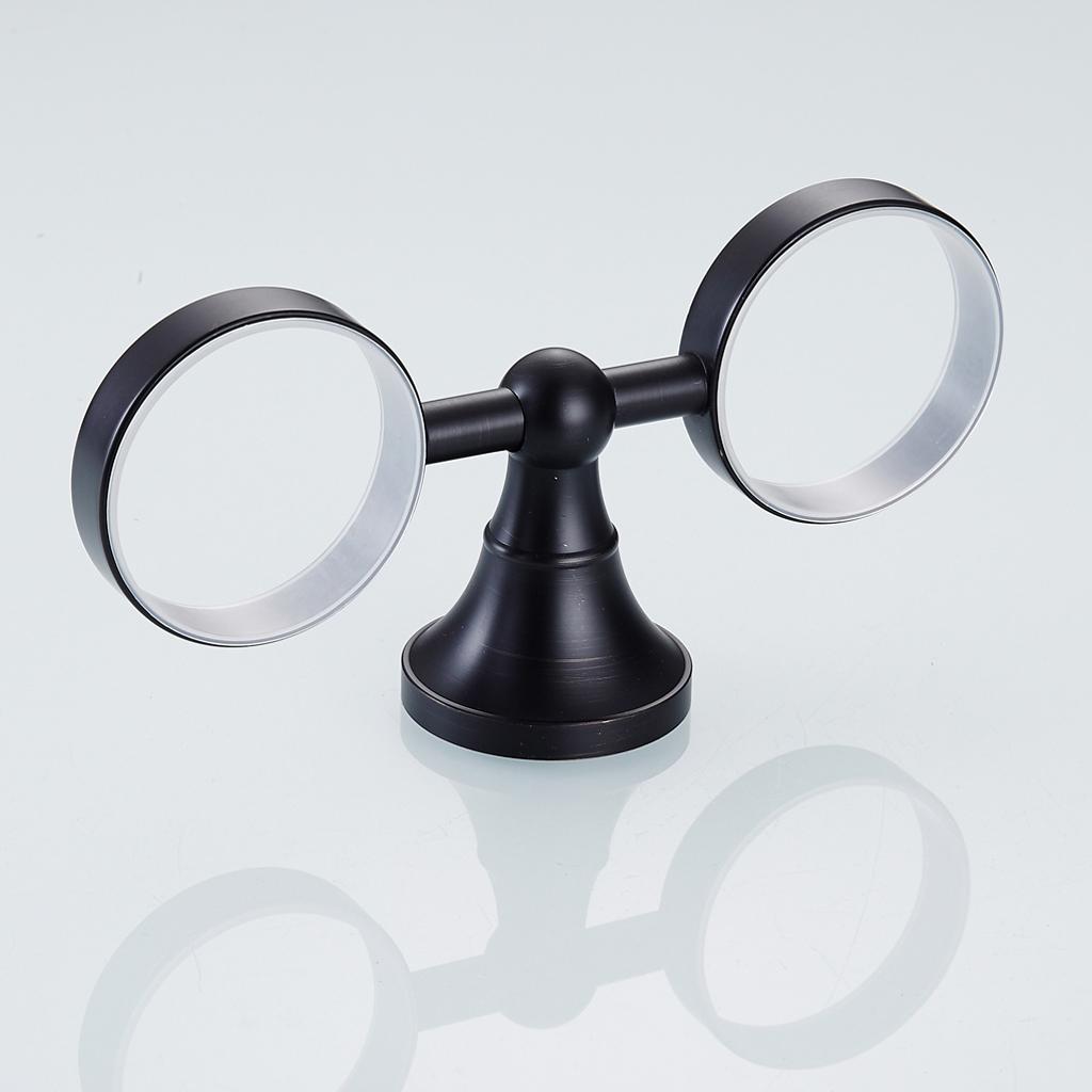 Bathroom Wall Mount Round Double Tumbler Cup Holder with Cups Set  Black