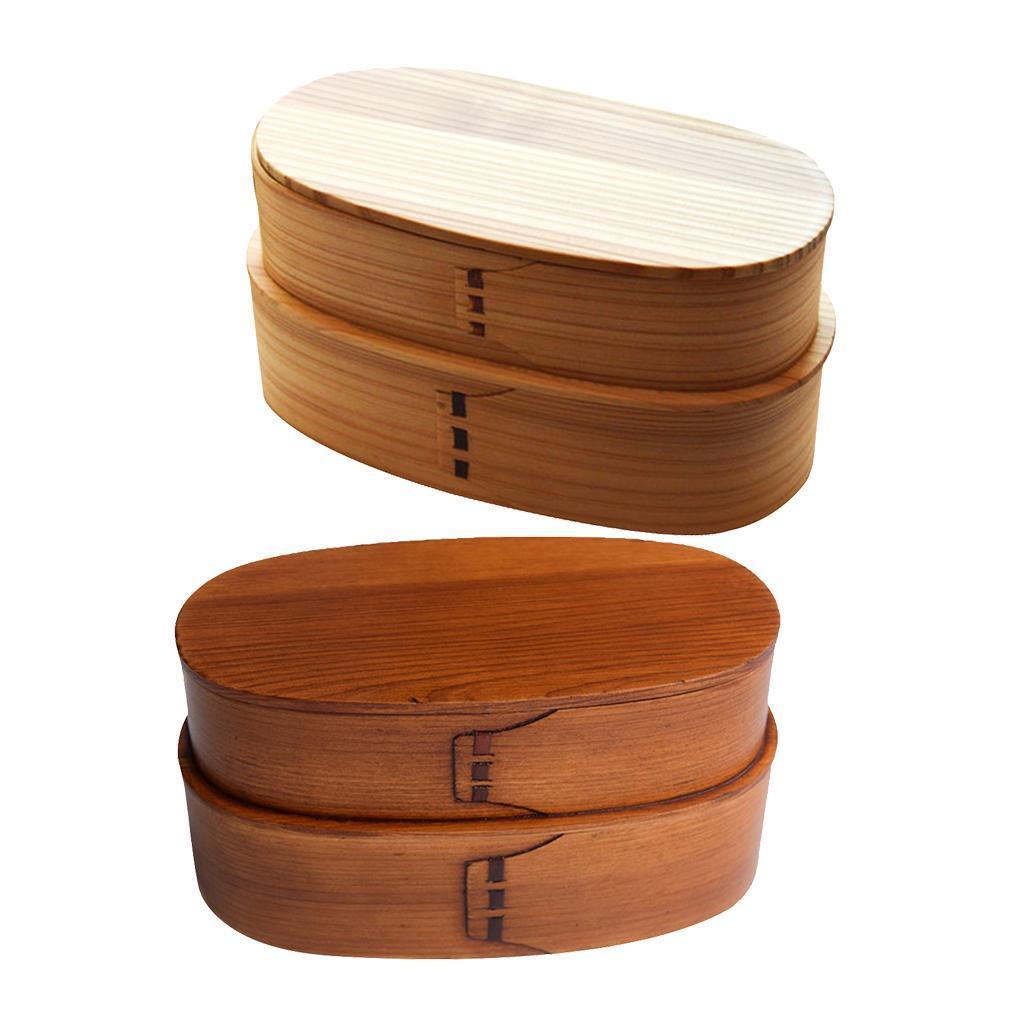 Japanese Wooden Bento Lunch Box Food Container Rice Dish Bowl Double Layers