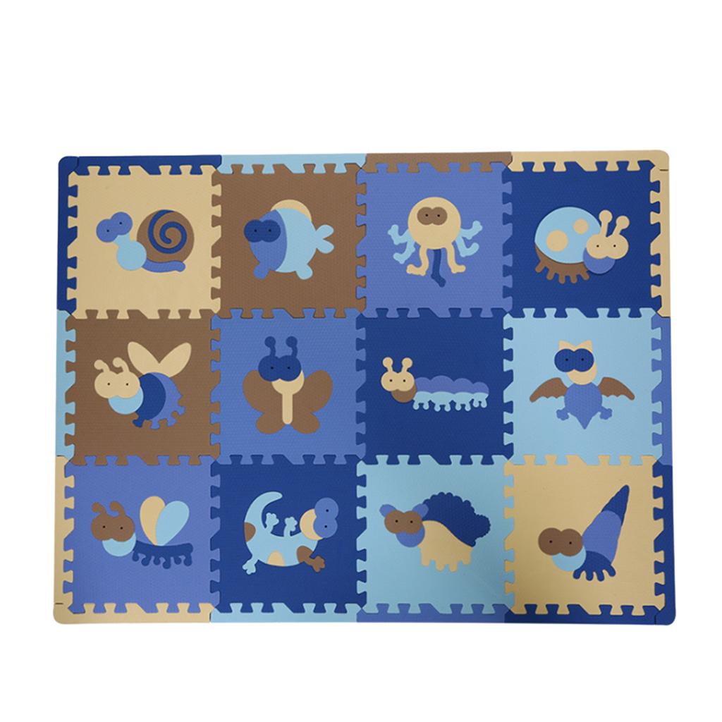 12Pieces Foam Puzzle Exercise Mat Interlocking Floor Tiles insect Blue