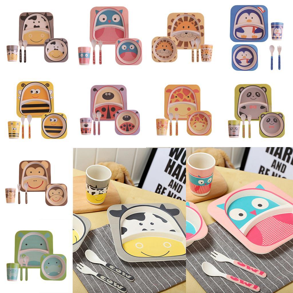 Animal Print Kids Plate Bamboo Fiber Reusable Dinner Divider Tray Spoon Fork