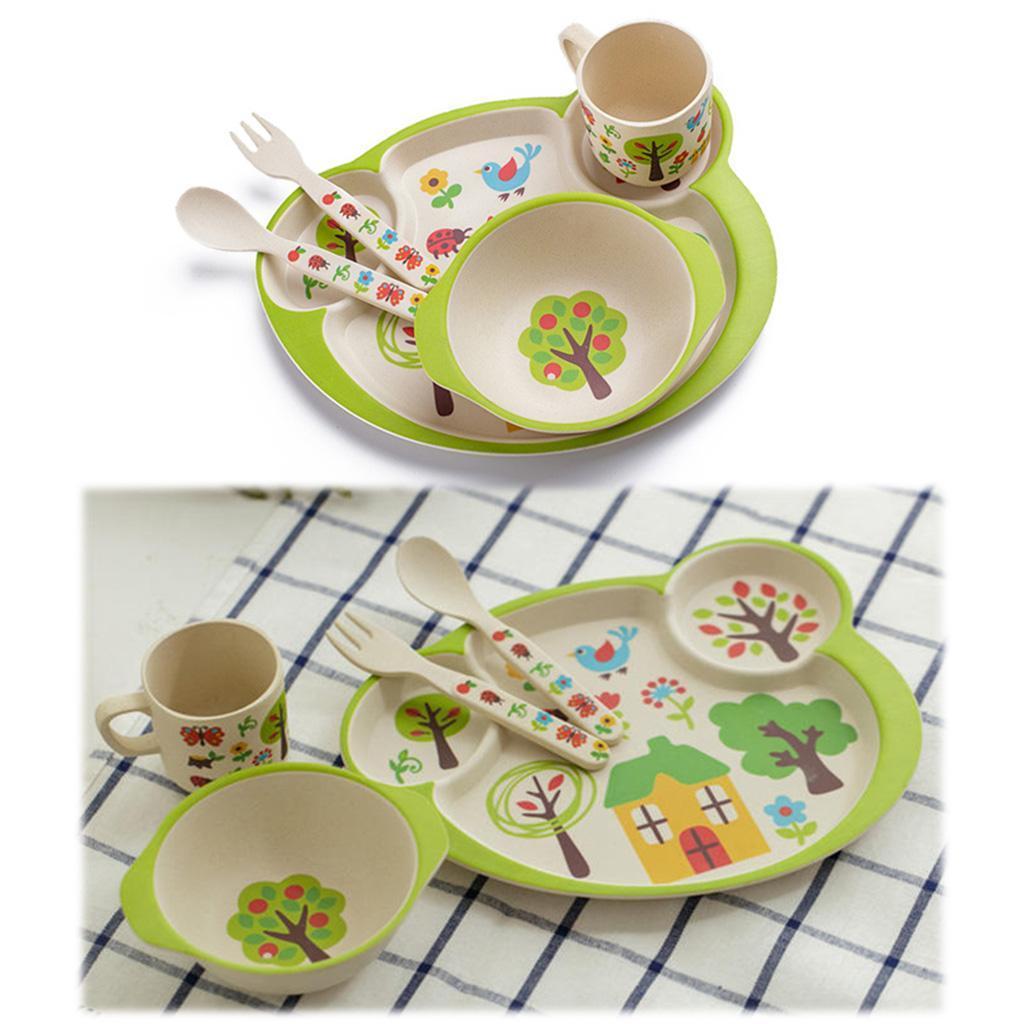 5Pcs//set Bamboo Fiber Baby Plate Bowl Cup Fork Spoon Baby Kids Feeding Tableware