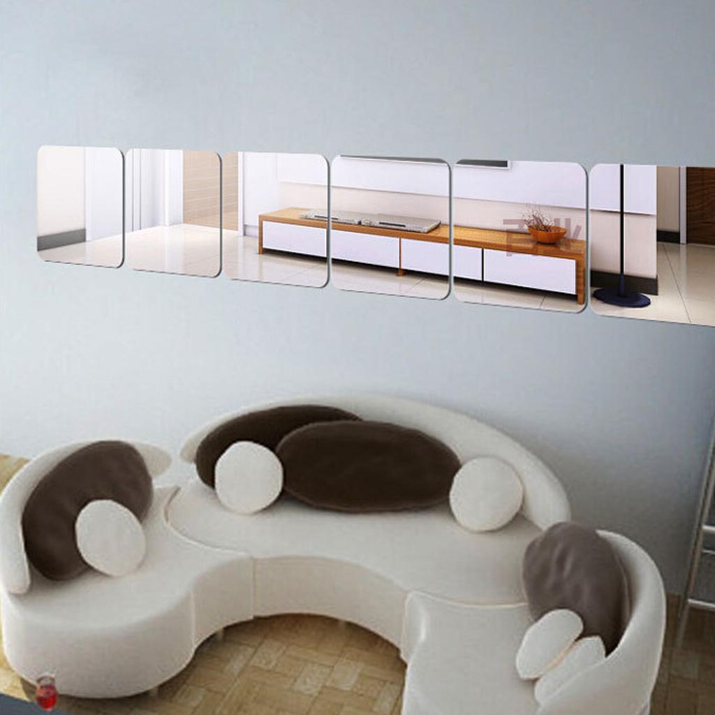 6 Pieces Removable Square Mirror Decal Art Mural Wall Sticker Decor -Silver