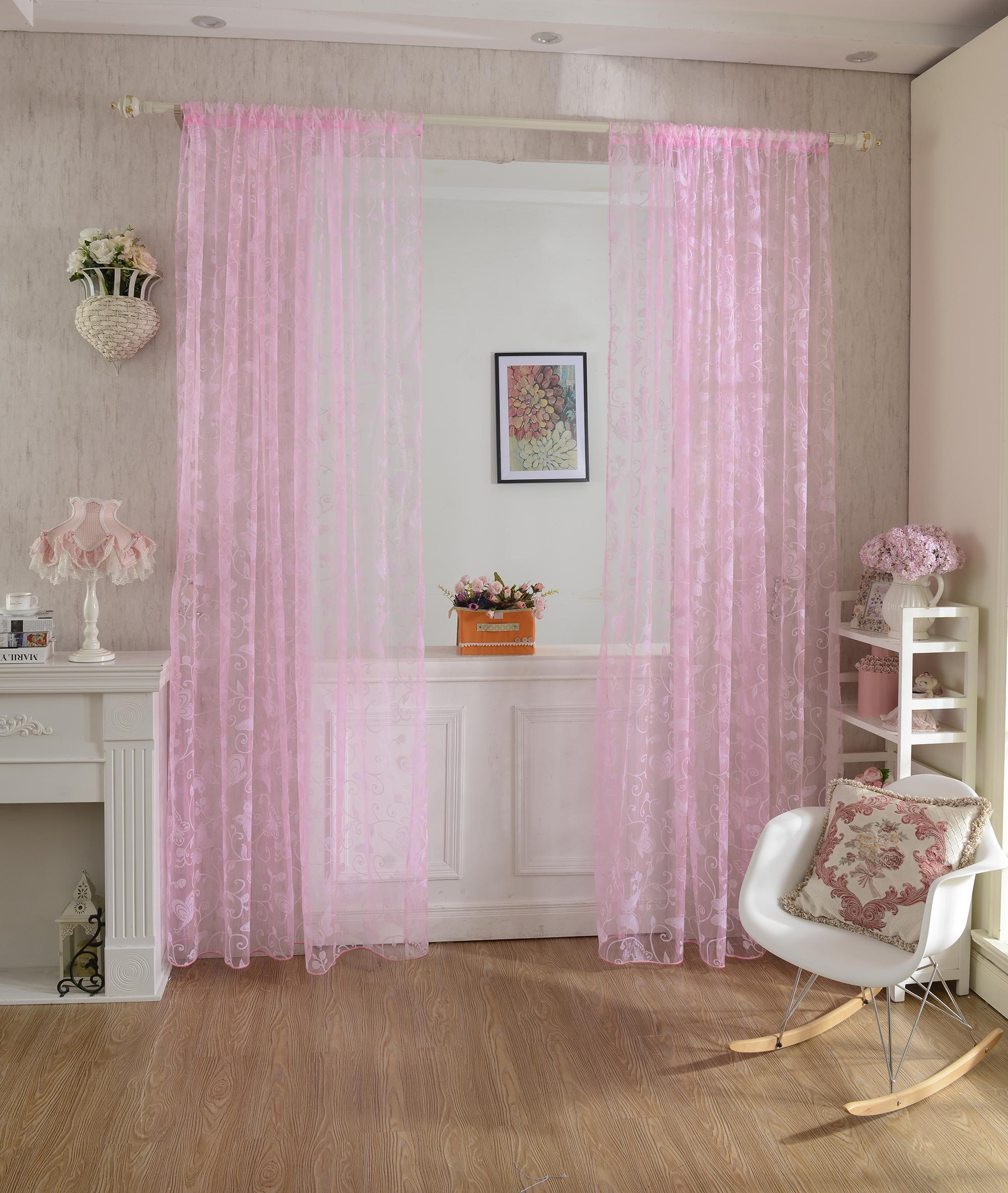 Flocking Butterfly Sheer Curtain Panel Window Tulle Divider Pink 100*200cm