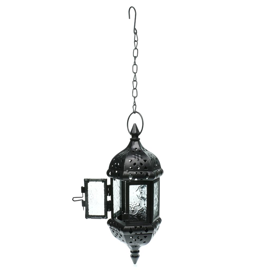 Iron Chain Hanging Glass Candlestick Candle Holder Lantern Lamp Black