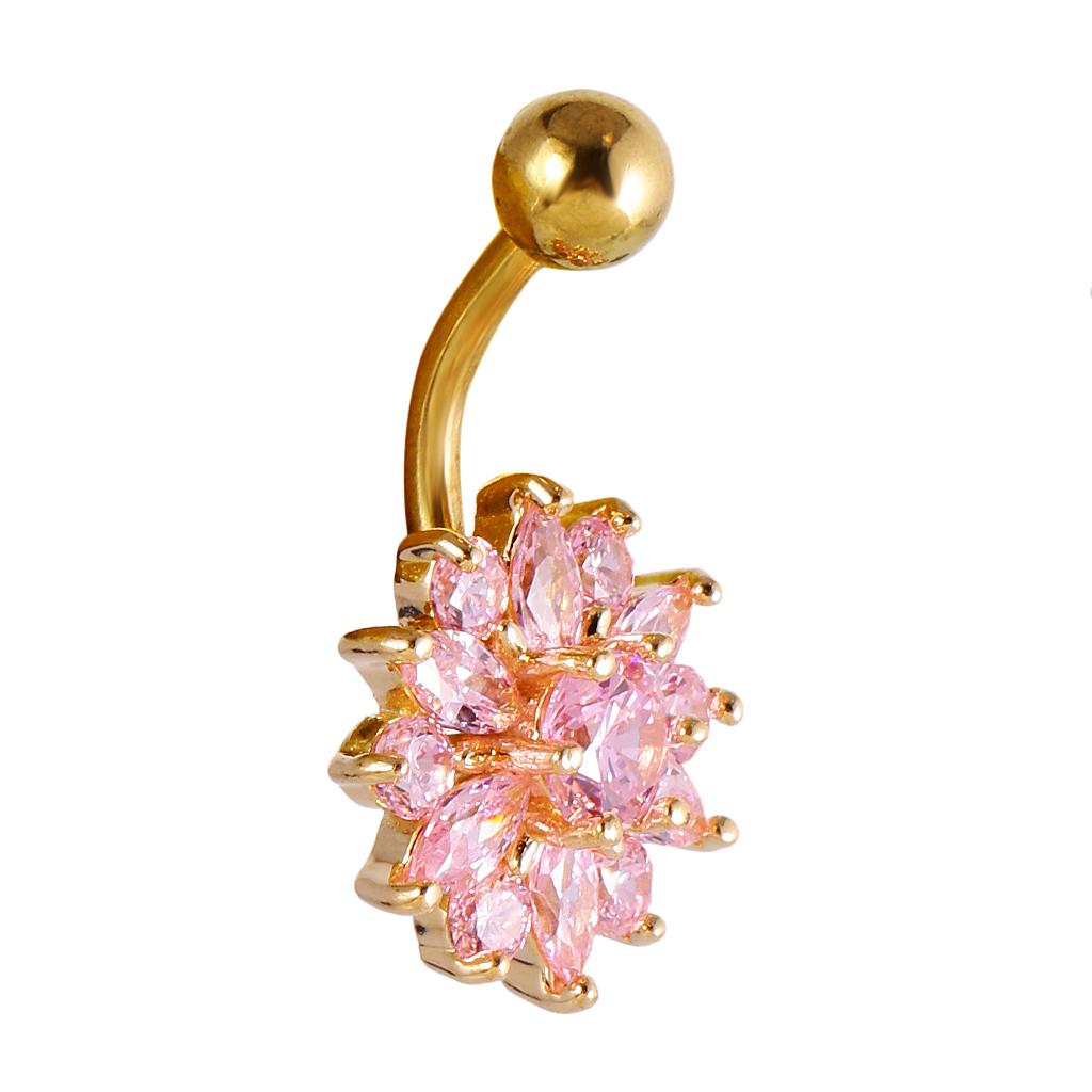 Flower Zircon Navel Ring Belly Button Bar Body Piercing Jewellery Pink