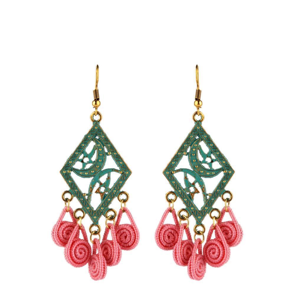 Handmade Drop Chandelier Earrings Moon Star Carving Ethnic Earrings Pink
