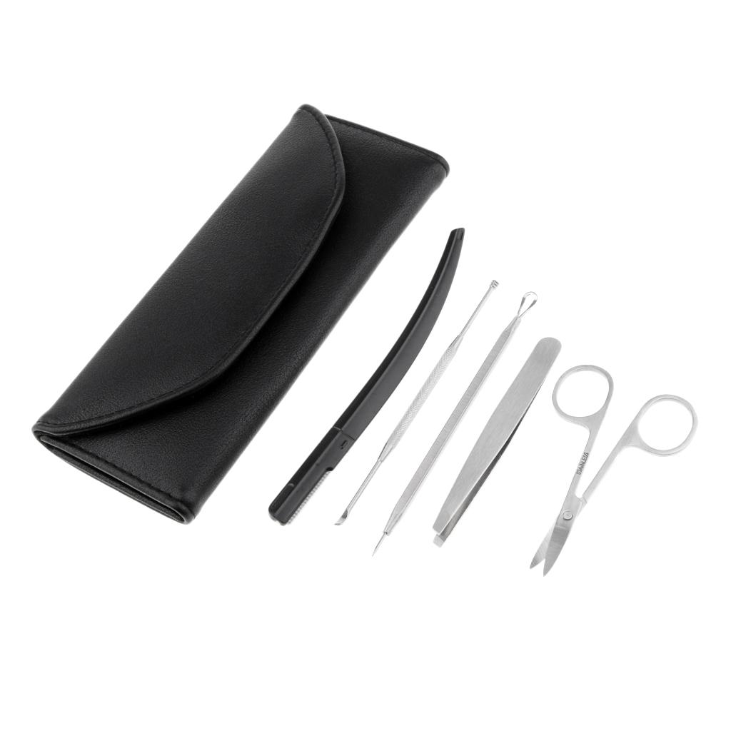 5Pcs Eyebrow Tweezer Scissor Trimmer Set Kit for Eyebrows Shaper with Acne Removal Needle Ear Spoon Facial Grooming Set