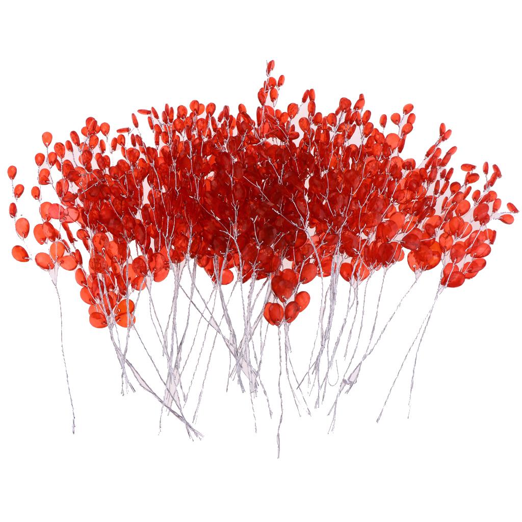 50pcs Artificial Flower Stem with Crystal Acrylic Bead Drop 15cm Red