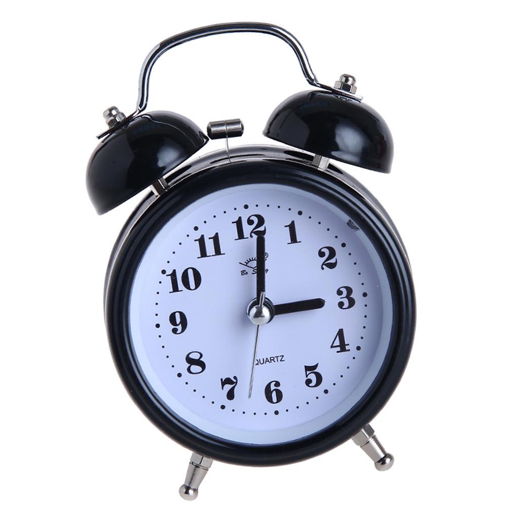 Classic Silent Bedside Double Twin Bell Alarm Clock with Nigth Light Black