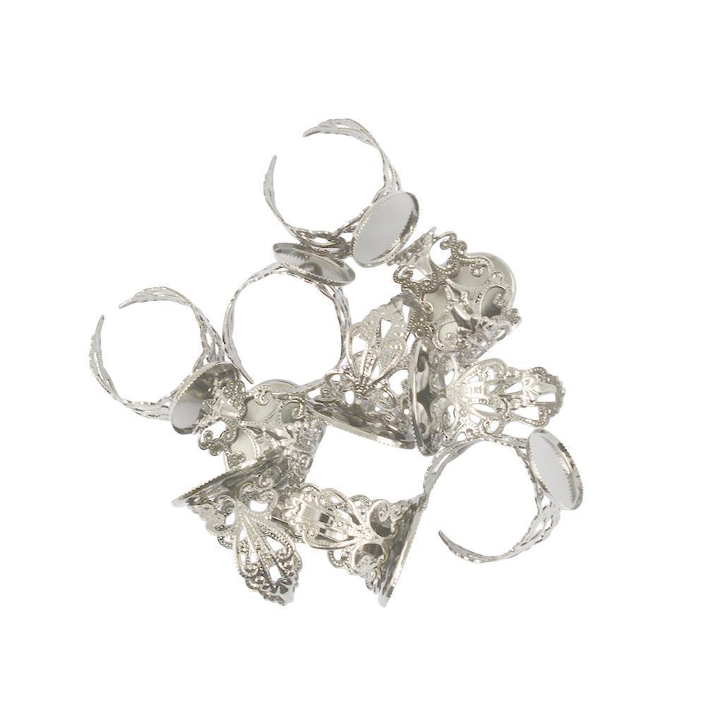 10 Piece Adjustable Brass Blank Bezel Filigree Flower Ring DIY Making White