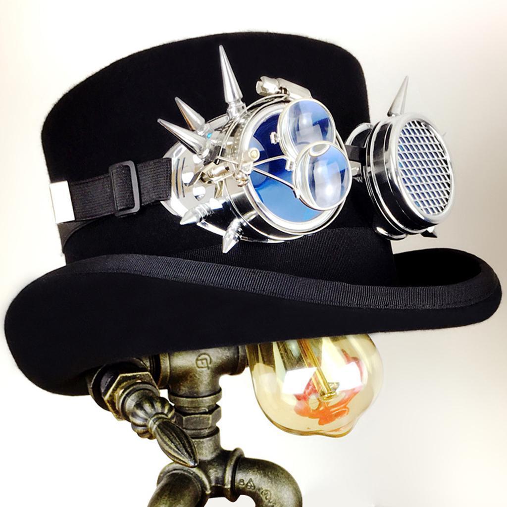Black Steampunk Top Hat Silver Spiked Goggles Halloween Adult Cosplay XL
